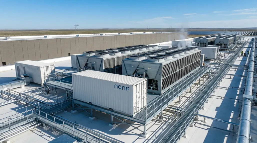 White Nona-branded shipping-container RECOVER unit on a data center rooftop beside rows of cooling towers