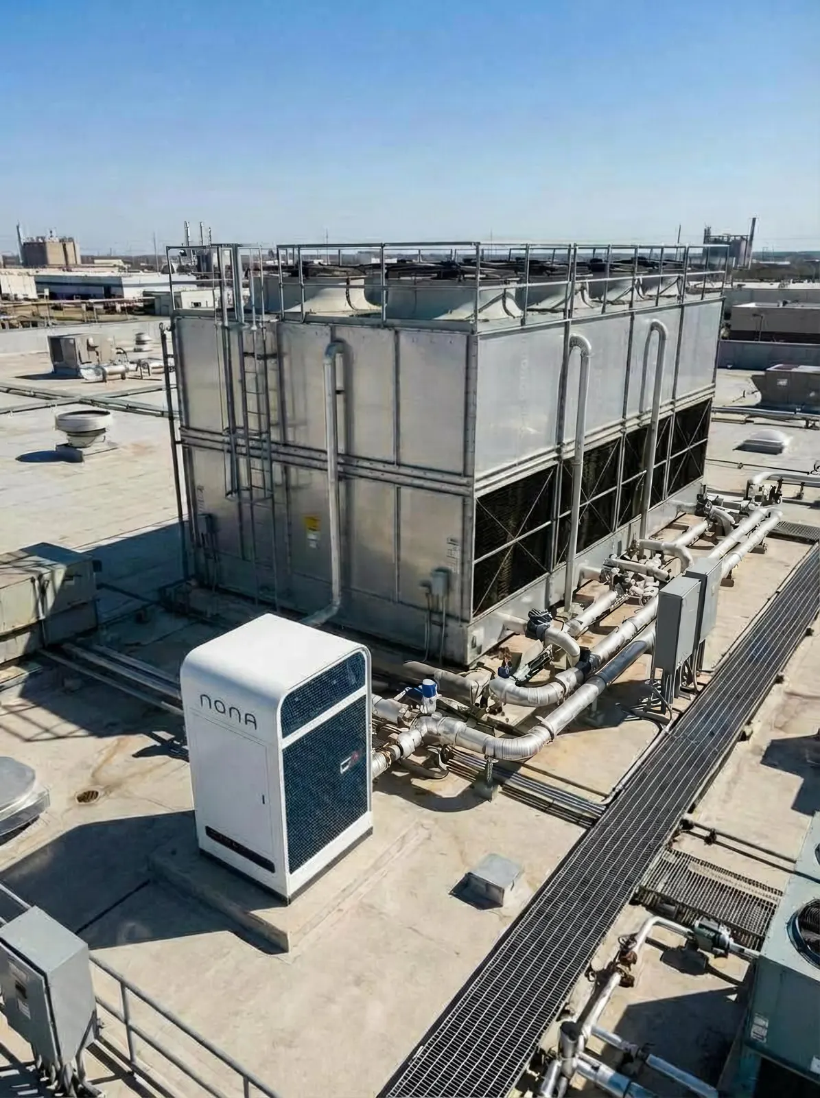 Industrial rooftop cooling towers with a Nona RECOVER unit installed alongside the piping